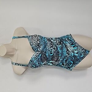 Emerald Bay One Piece Swimsuit, green-brown abstract flower print, Size 12